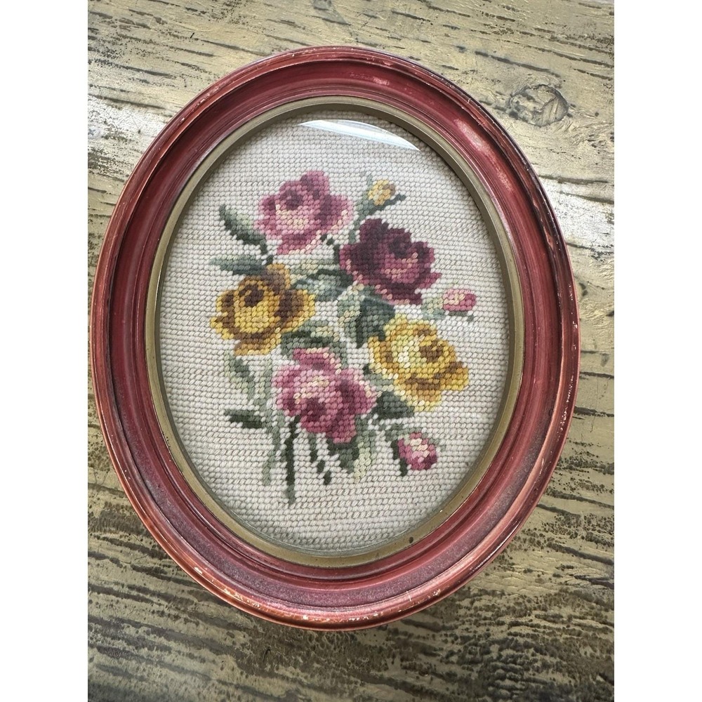 Vintage Needlepoint Flower Picture Oval Framed